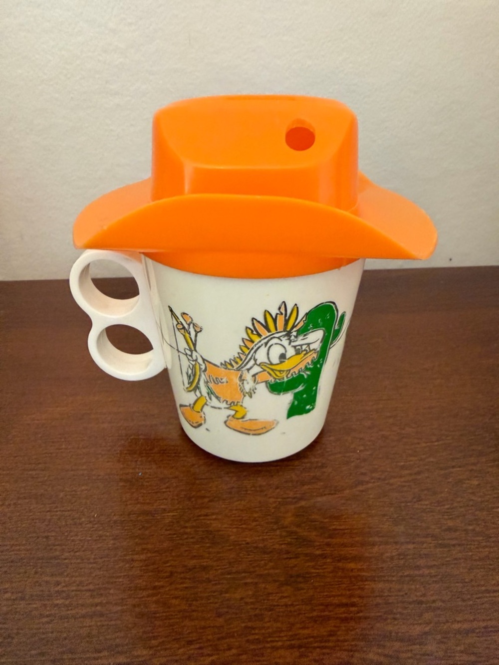 Vintage Disney Cowboy Mickey Mouse Mug Orange Cowboy Hat Lid Three Caballeros